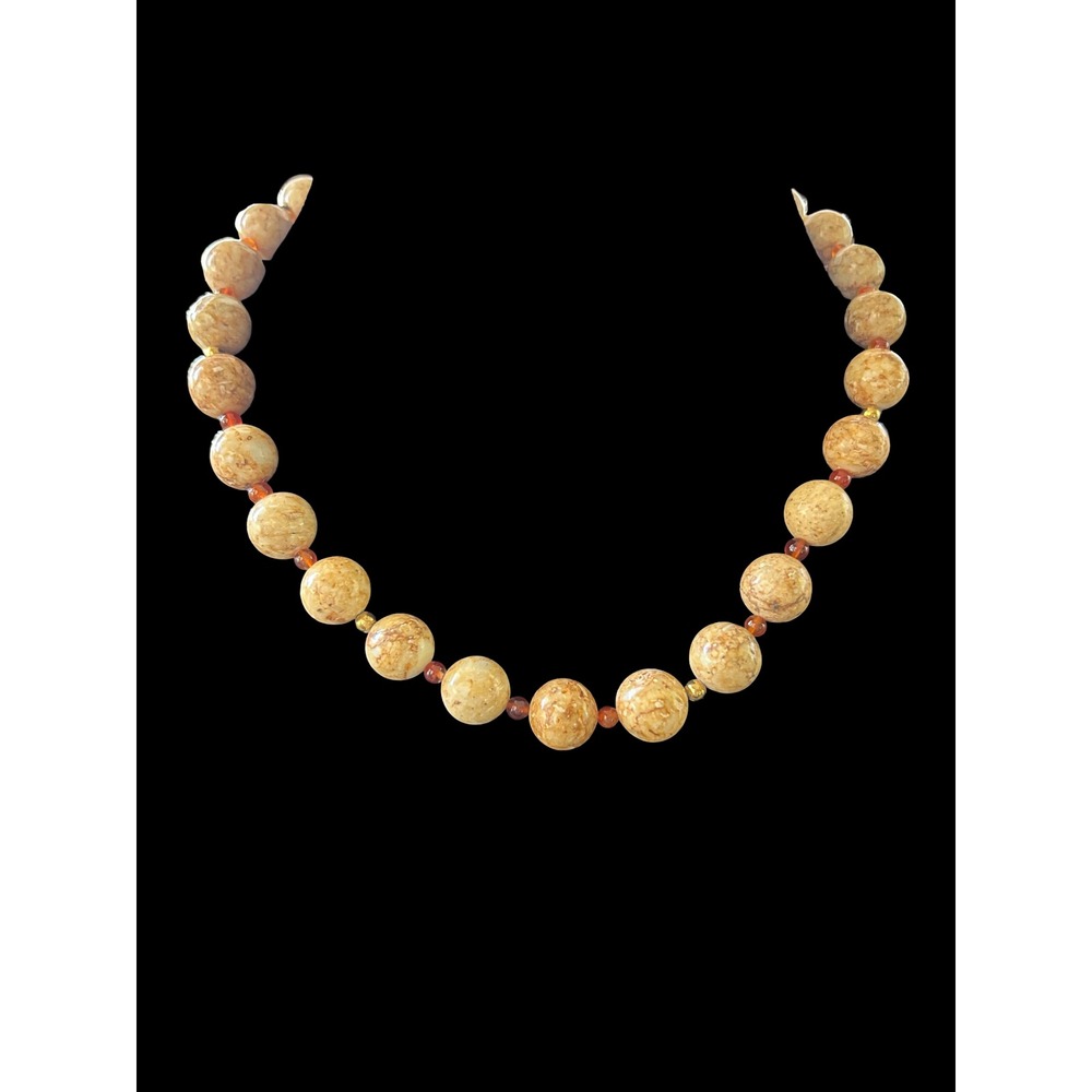 Vintage Natural Marbled Stone Necklace Tan Cream Jasper Carnelian Spacers 17.5in